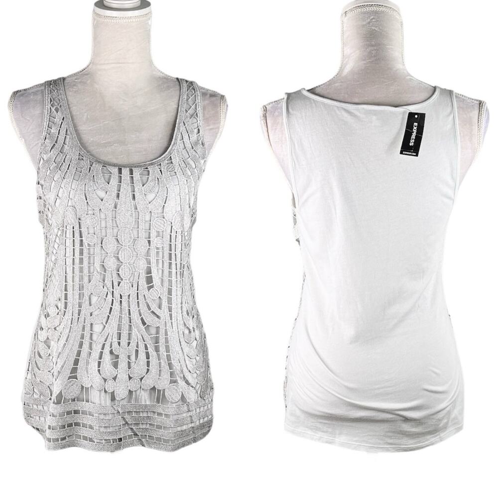 Express Womens Top Tank Blouse Crochet Gray Silver M New